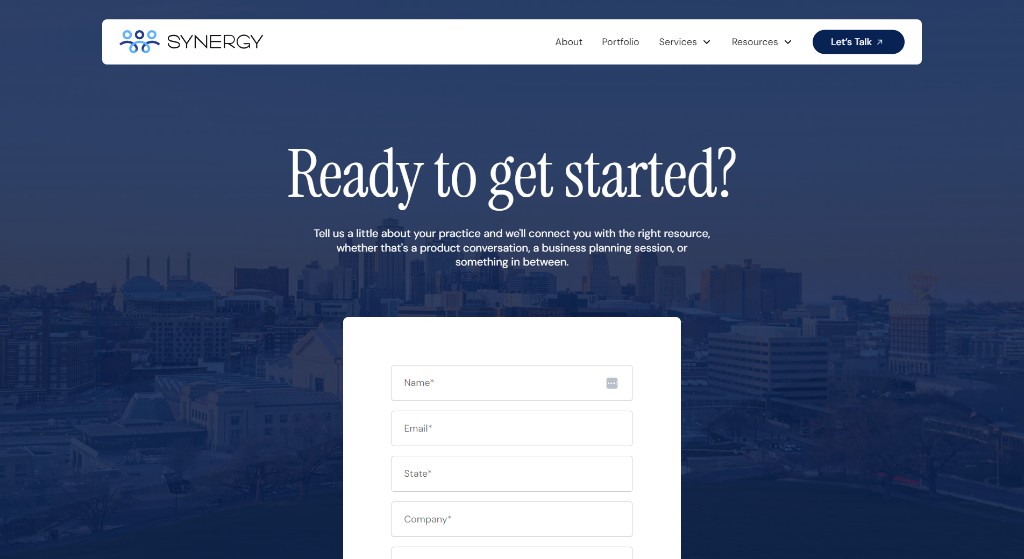 Synergy Aesthetics 'Ready to get started?' contact form section with practice details fields