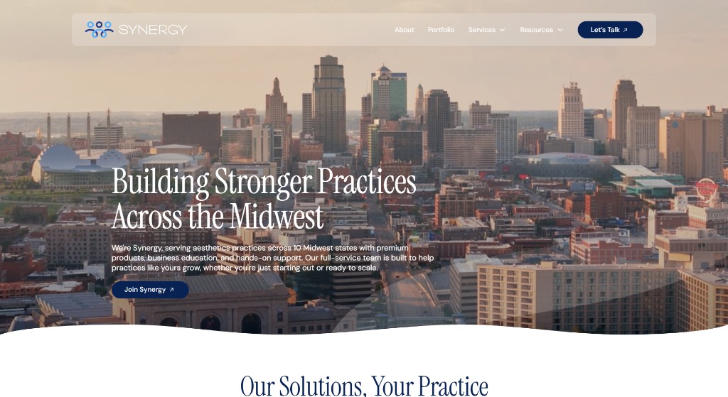 Synergy Aesthetics homepage hero with Kansas City skyline and 'Building Stronger Practices Across the Midwest' headline