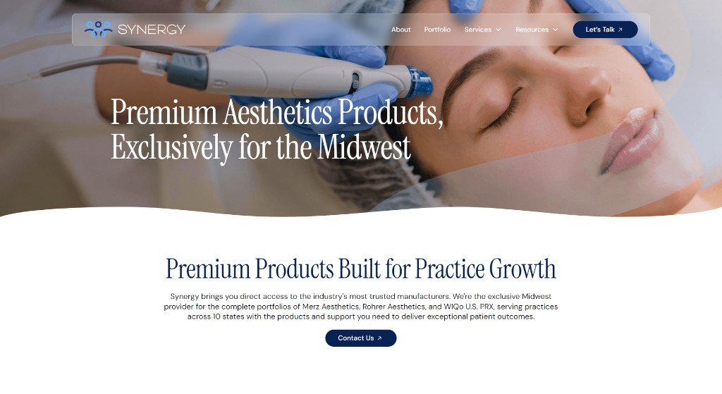 Synergy Aesthetics 'Premium Aesthetics Products, Exclusively for the Midwest' product page hero