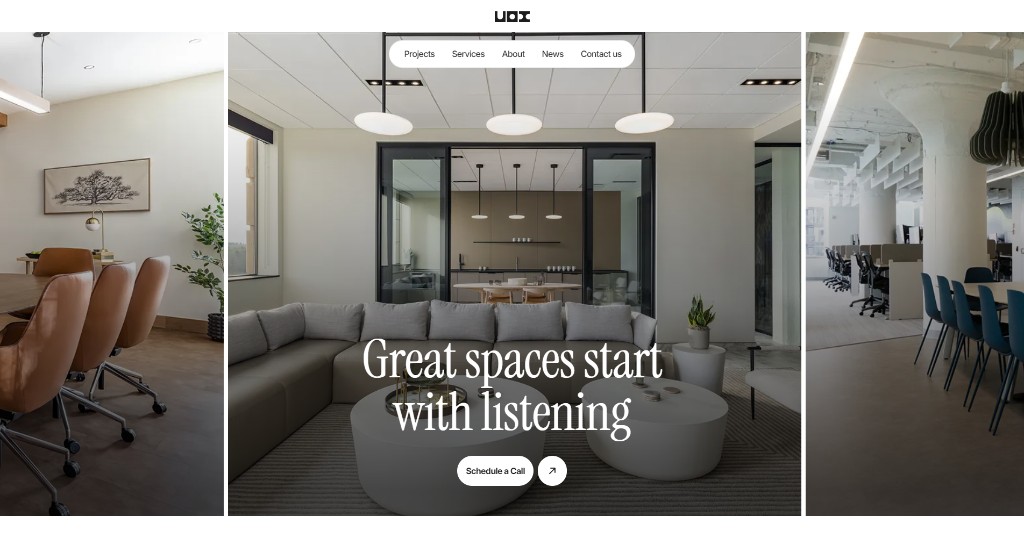 Union Office Interiors homepage hero with the headline “Great spaces start with listening” over a triptych of office interior photography