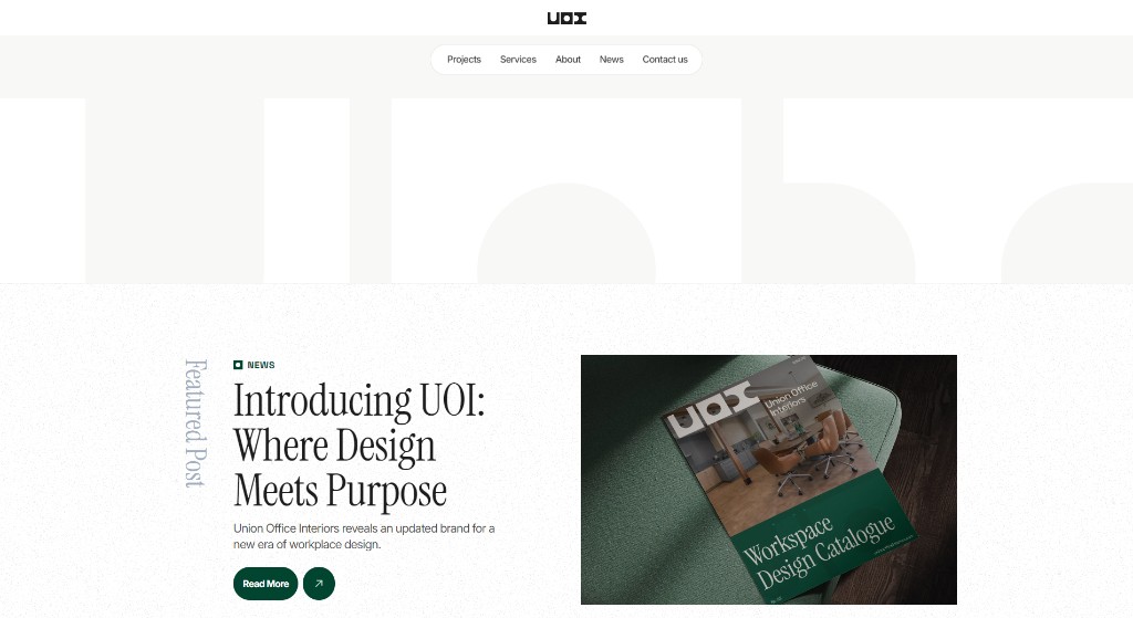 Union Office Interiors featured news post “Introducing UOI: Where Design Meets Purpose,” with a Workspace Design Catalogue cover image and a Read More CTA